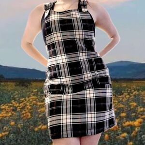 PLAID WHITE RED BLACK GREY OVERALL MIDI DRESS